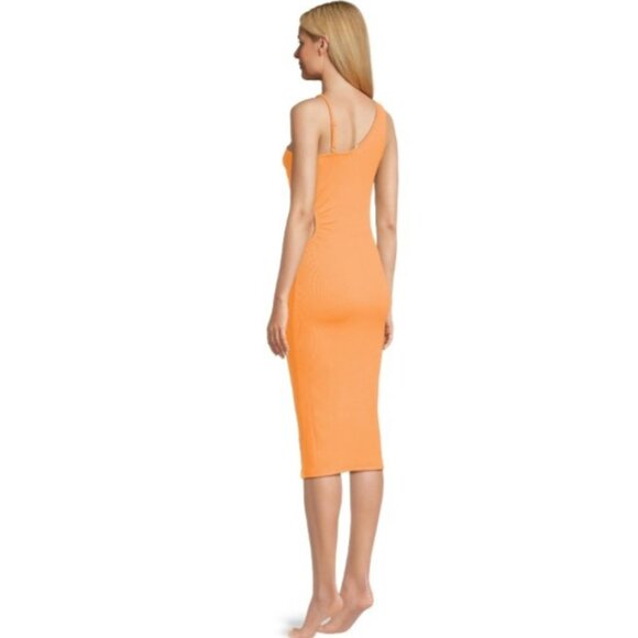 Women's 2X Orange Dress Madden NYC Asymmetrical Neckline Shirred Side Cut Out - Picture 4 of 14